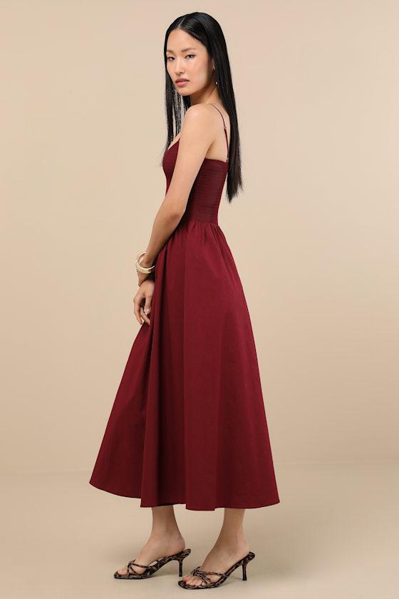 Tandria Burgundy Smocked Sleeveless Midi Dress Product Image