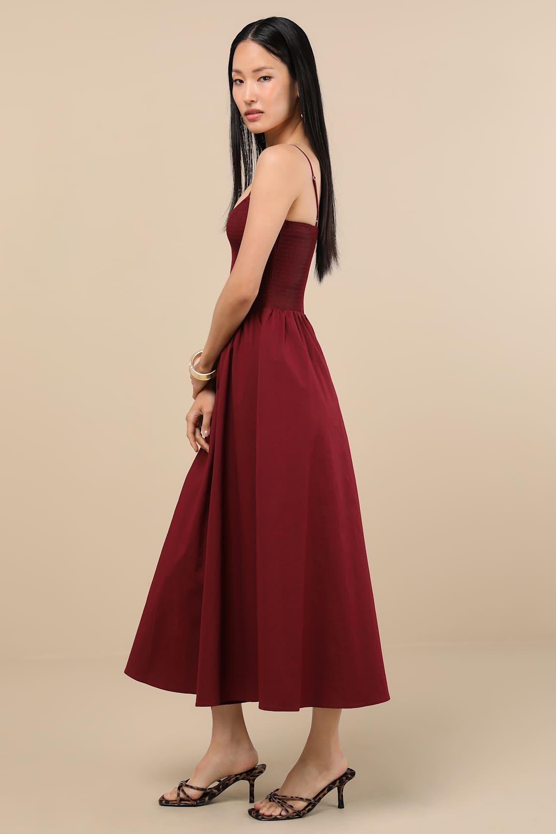 Tandria Burgundy Smocked Sleeveless Midi Dress Product Image