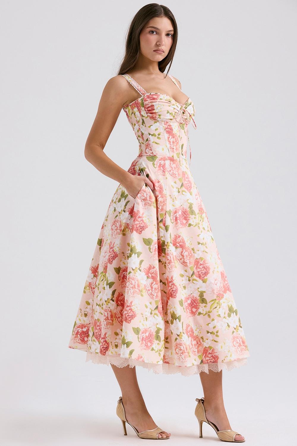 Rosalee  pink peony print cotton bustier sundress Product Image
