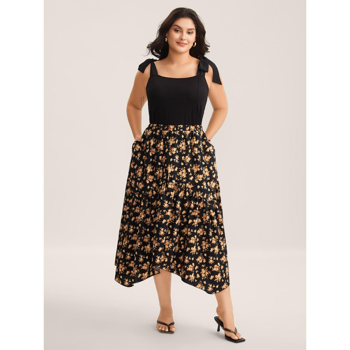 Plus Size Ditsy Floral High Low Hem Midi Skirt Women Black Asymmetrical Loose No stretch Side seam pocket Everyday-Elegant Skirts BloomChic 26/4X Product Image