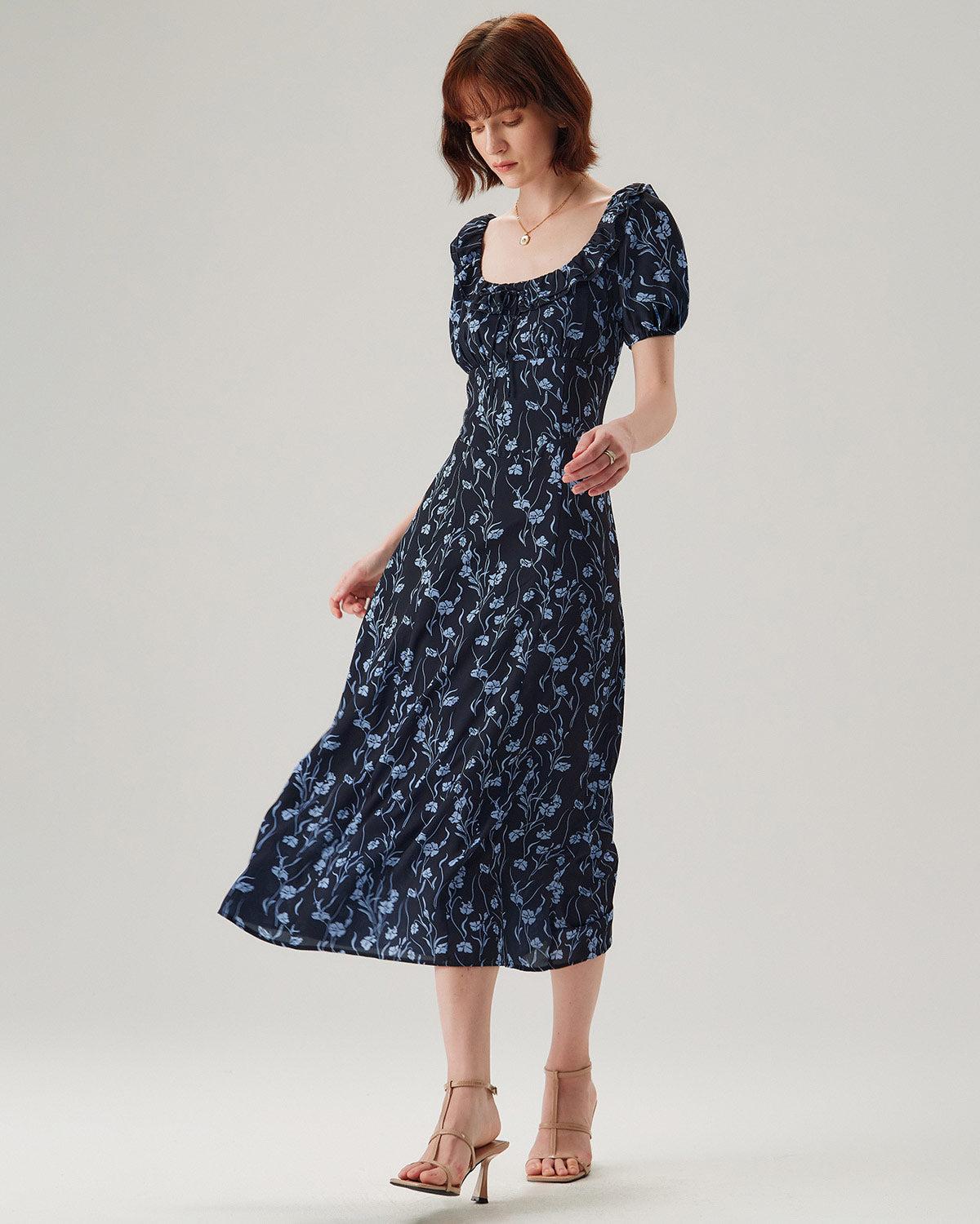 Navy Floral U-Neck Puffed-Sleeve Maxi Dress Product Image