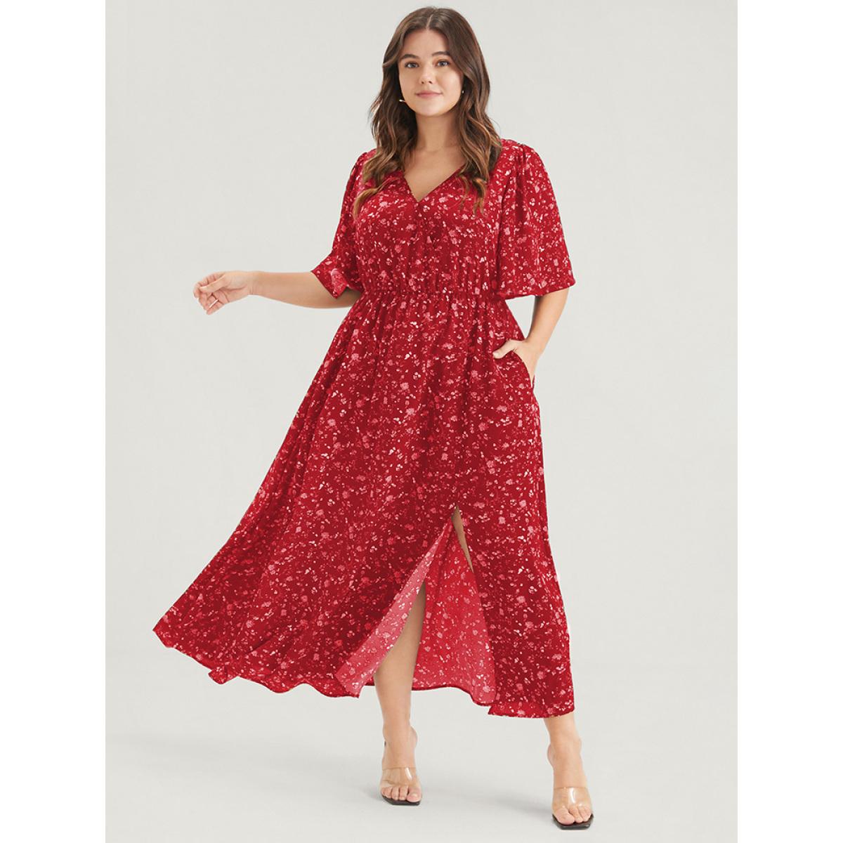 Plus Size Floral Print Split Pocket Wrap Button Ruffled Maxi Dress Red Women Elegant Printed V-neck Half Sleeve Curvy Maxi Dress BloomChic 26/4X Product Image