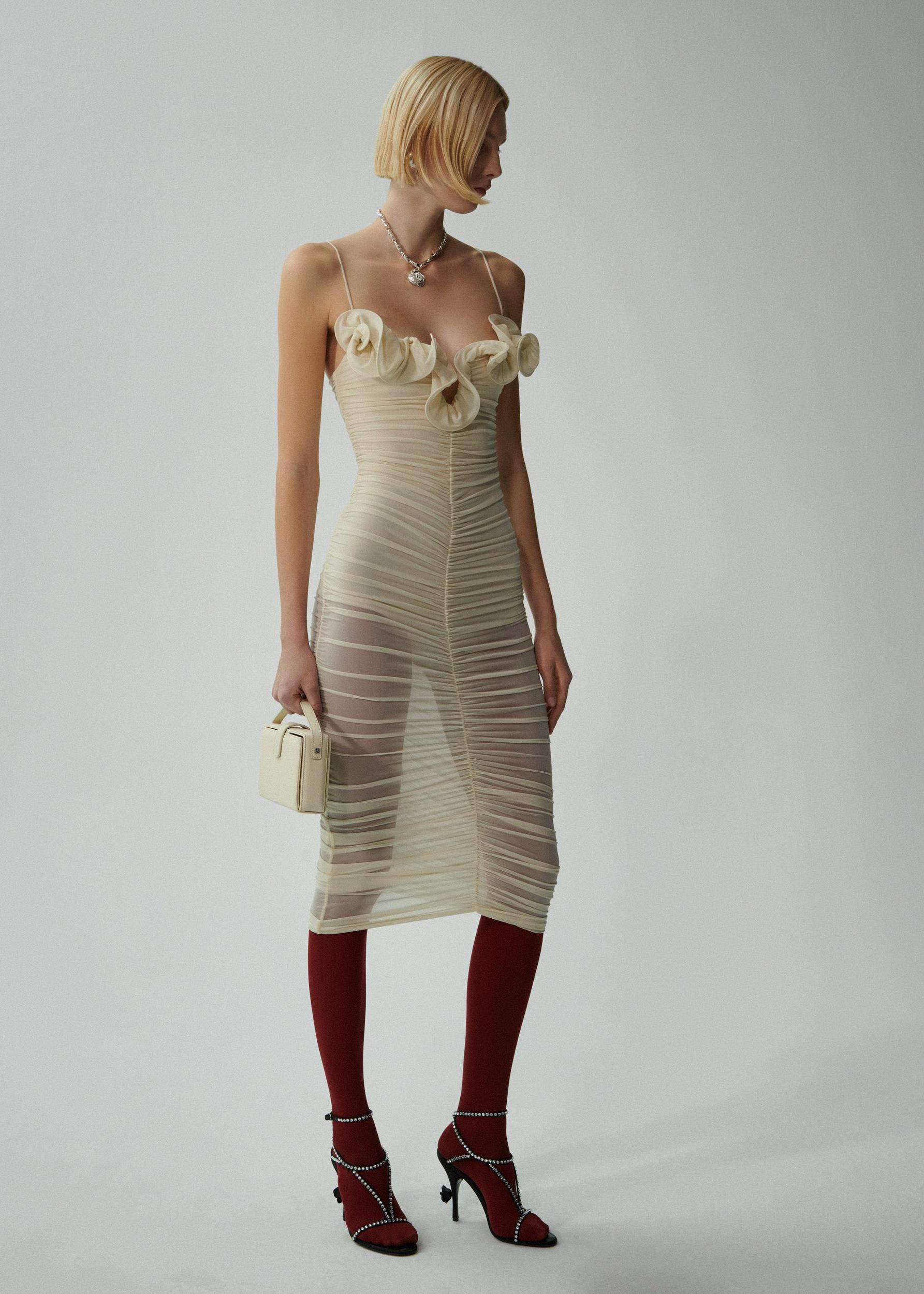 Ruched ruffle midi dress in beige Product Image