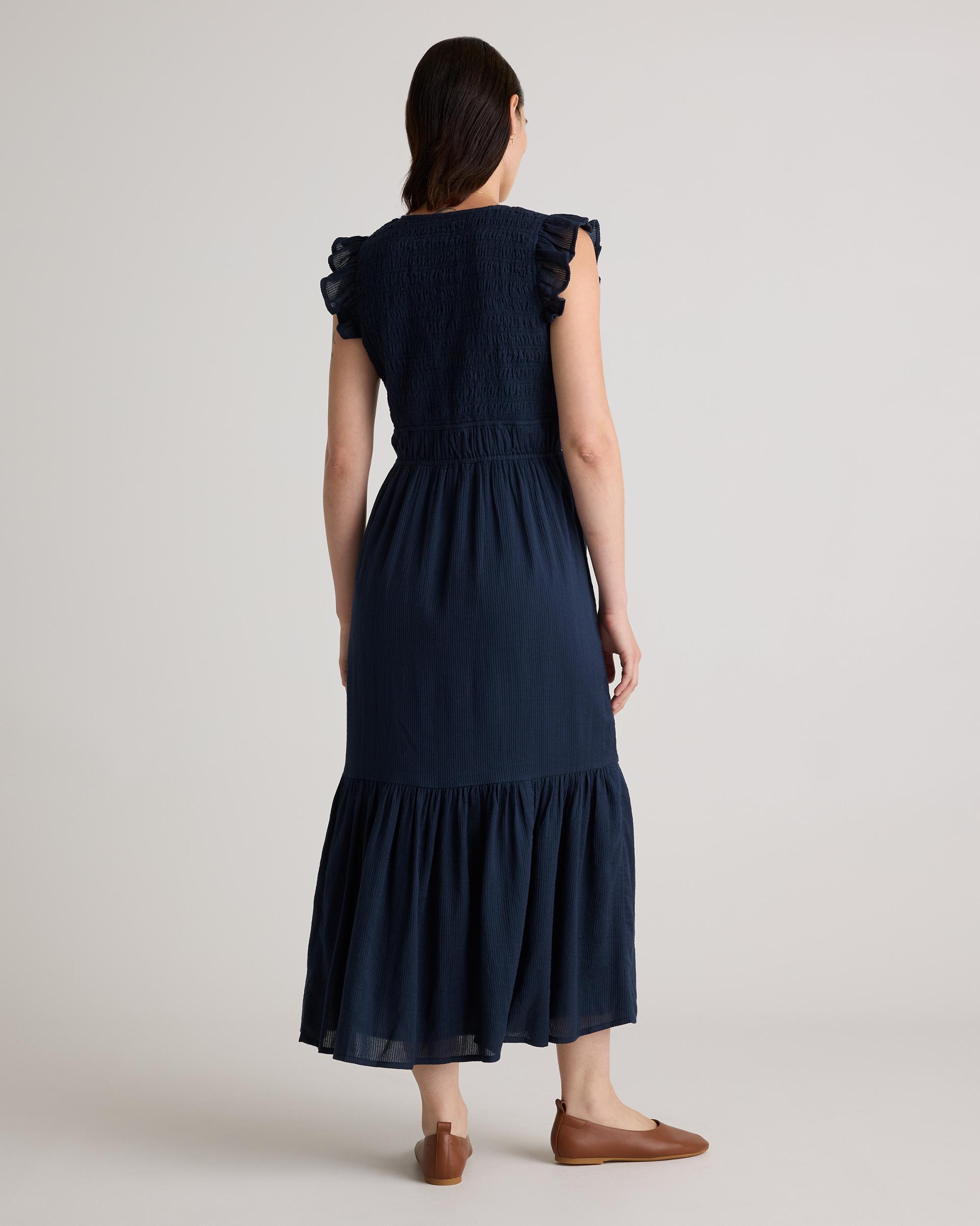 Quince | Women's Organic Textured Cotton Smocked V-Neck Midi Dress Size XS, Organic Cotton Product Image