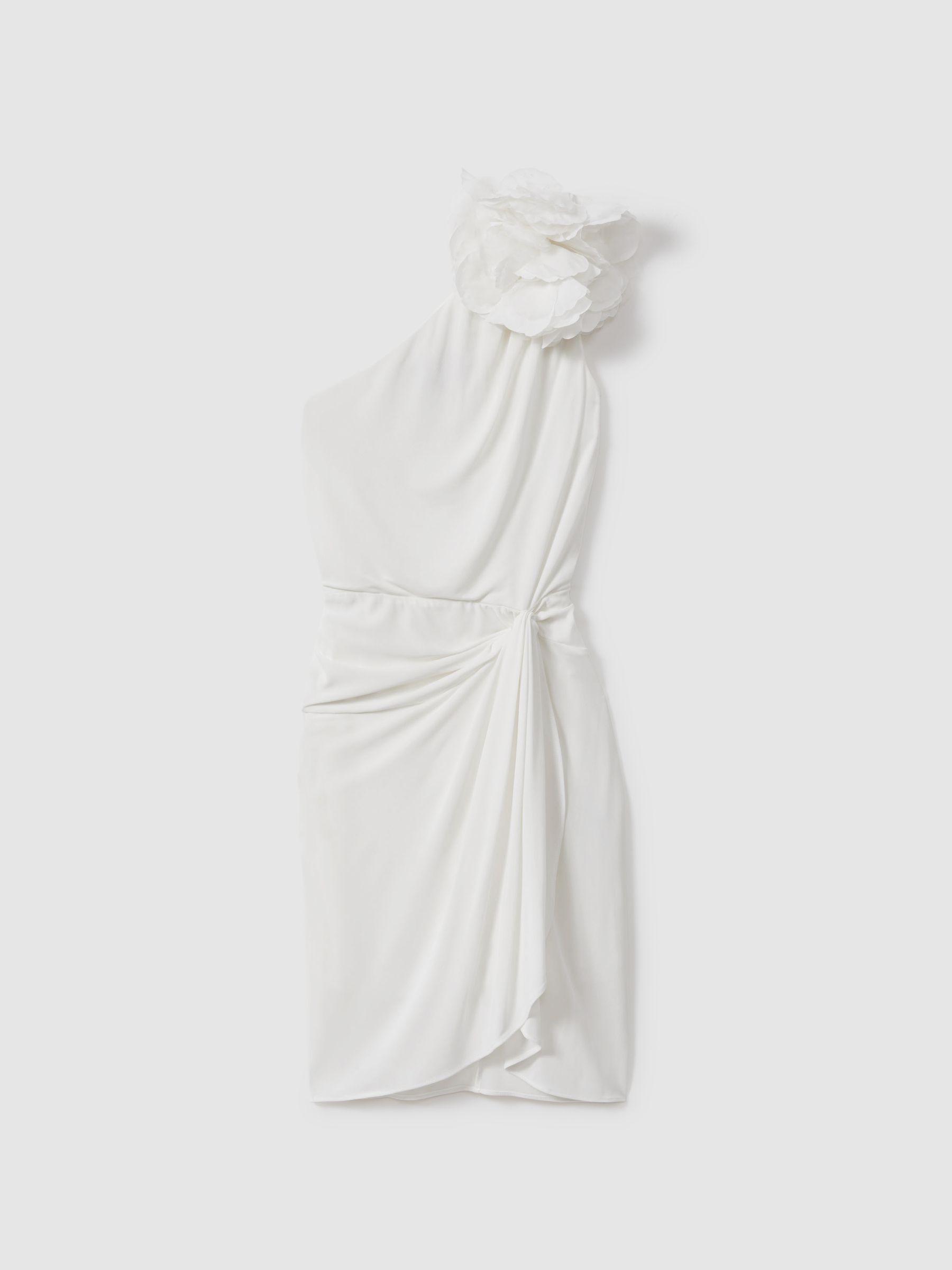 Halston One-Shoulder Ruffle Mini Dress in White Product Image