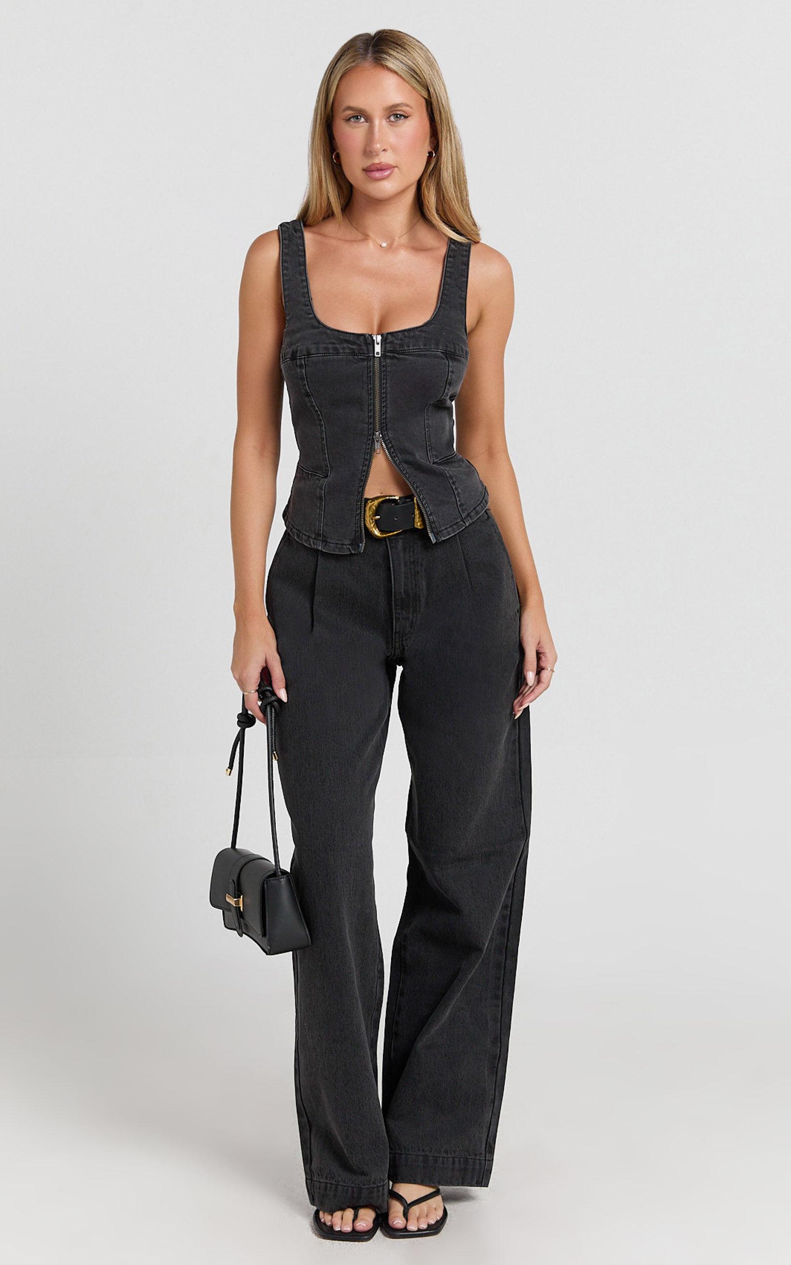 Bellerose Top - Front Zip Denim Fitted Top in Washed Black Product Image