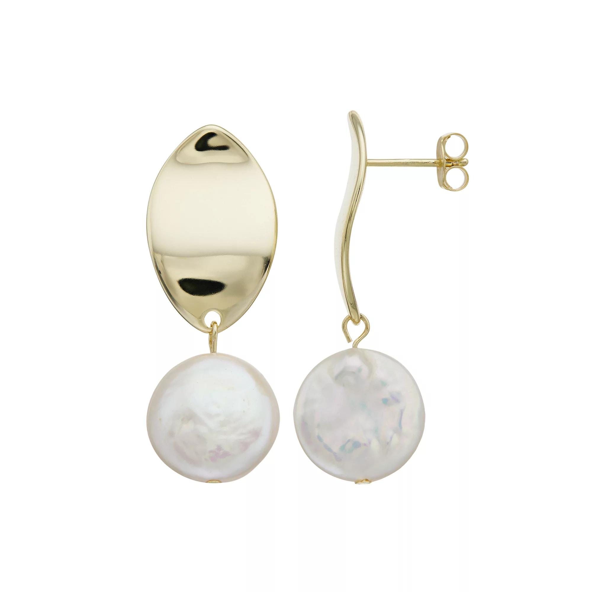 14k Gold-Plated Silver with Cultured Freshwater Pearl Dangle Drop Marquise Medallion Earrings, Womens, Gold Tone Product Image