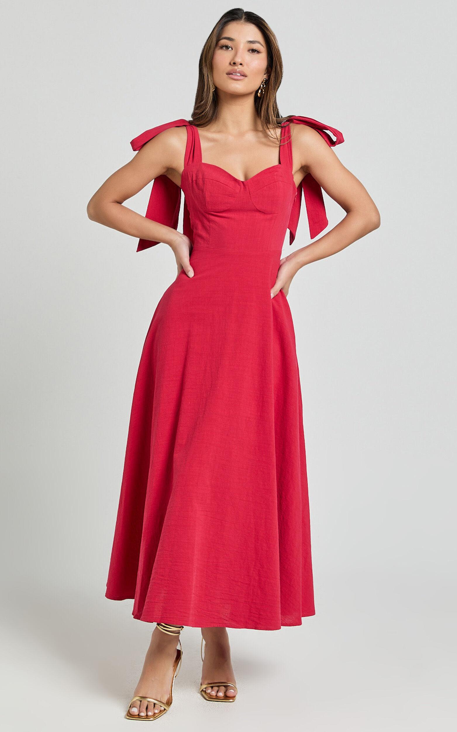 Tymia Midi Dress - Shoulder Tie Bustier Shirred Back A Line in Red Product Image