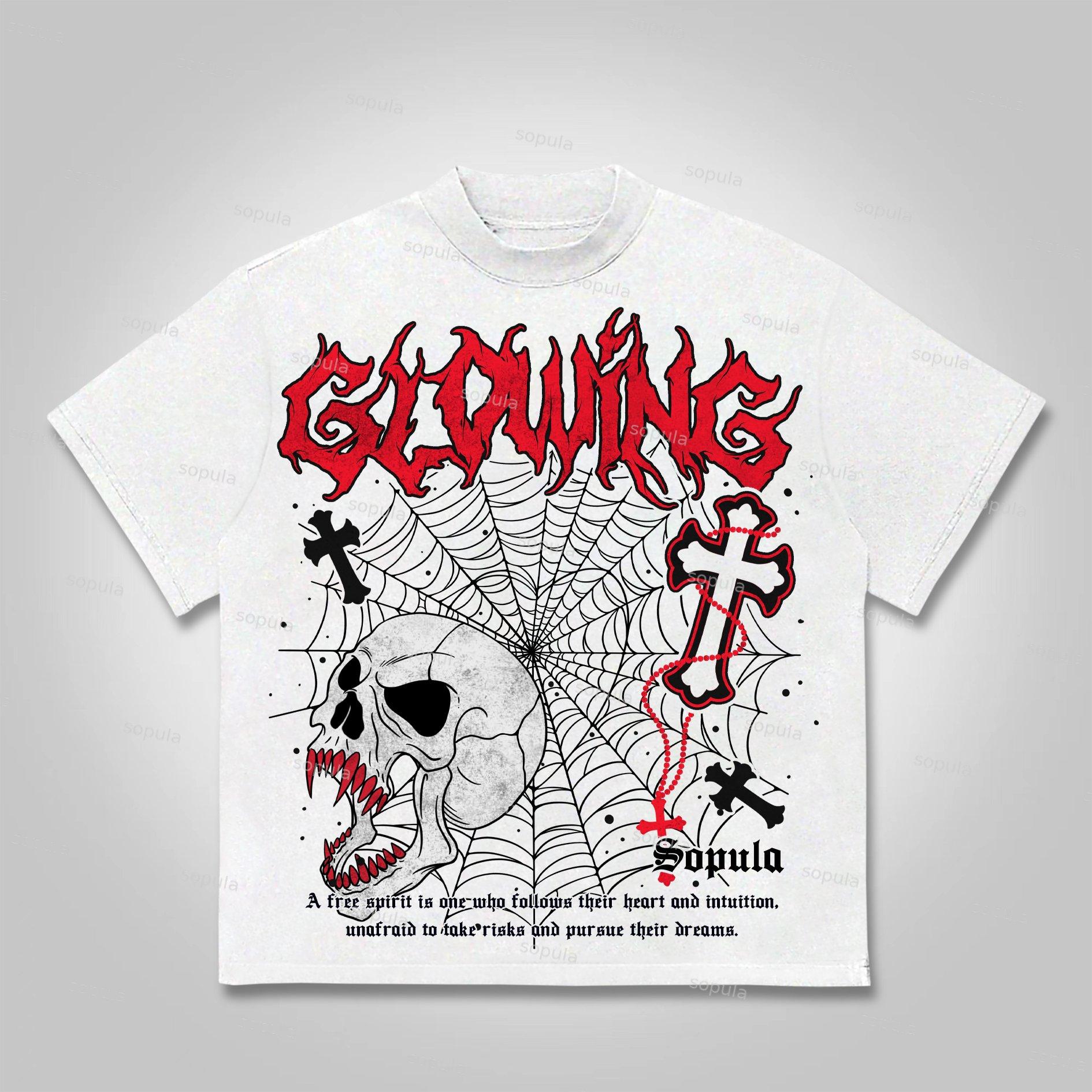 Sopula Vintage Skull Spider Web Cross Cotton T-shirt Product Image