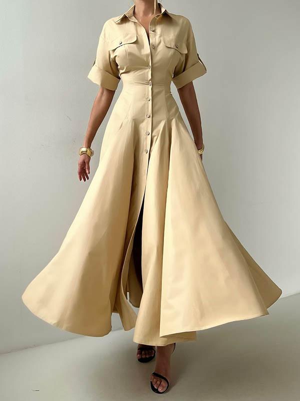 Short Sleeves Buttoned Solid Color Lapel Maxi Dresses Shirt Dress Product Image