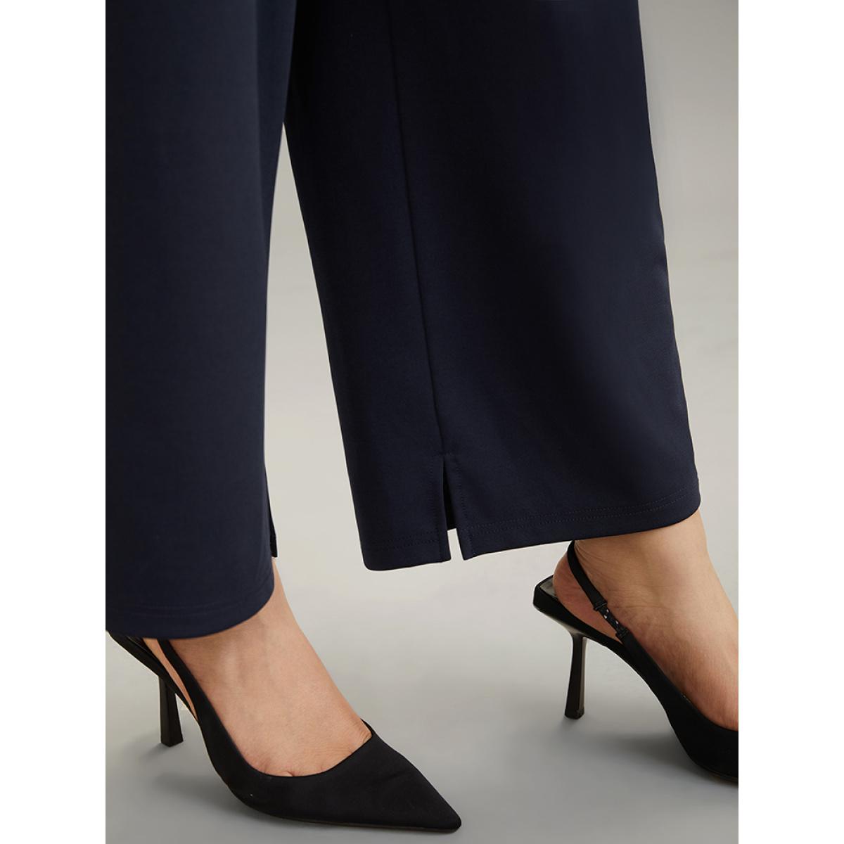Plus Size Solid Wide Leg Elastic Waist Split Hem Pants Women Indigo Elegant Wide Leg High Rise Dailywear Pants BloomChic 26/4X Product Image