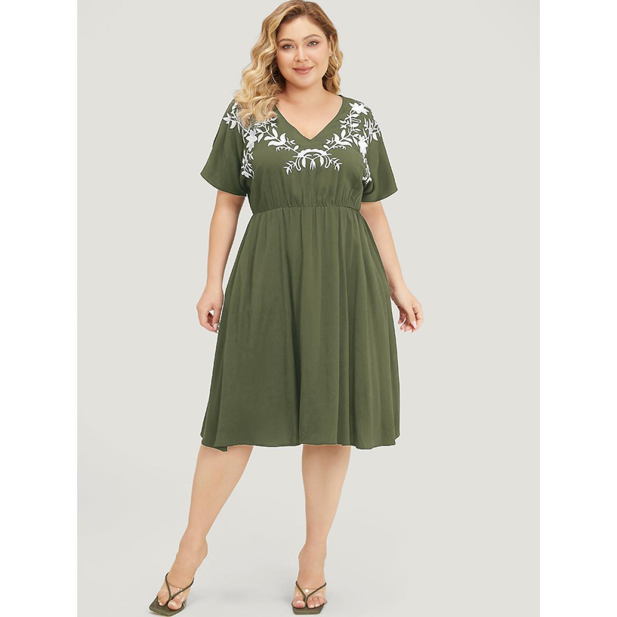 Plus Size Floral Embroidered Pocket Dolman Sleeve Ruffle Dress ArmyGreen Women Vacation Embroidered V-neck Short sleeve Curvy Knee Dress BloomChic 14-16/1X Product Image