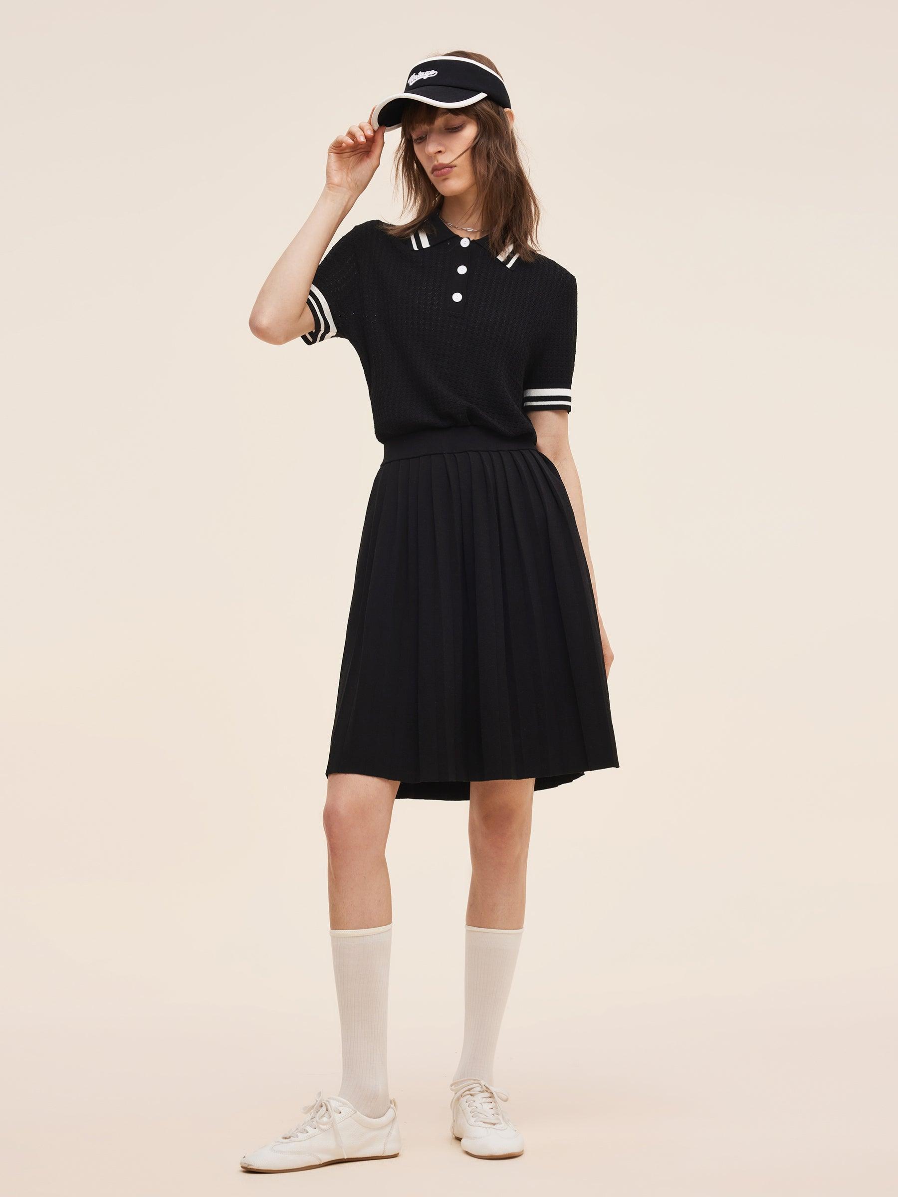 Tencel Blend Openwork Knit Top And Pleated Skirt Two-Piece Set Product Image