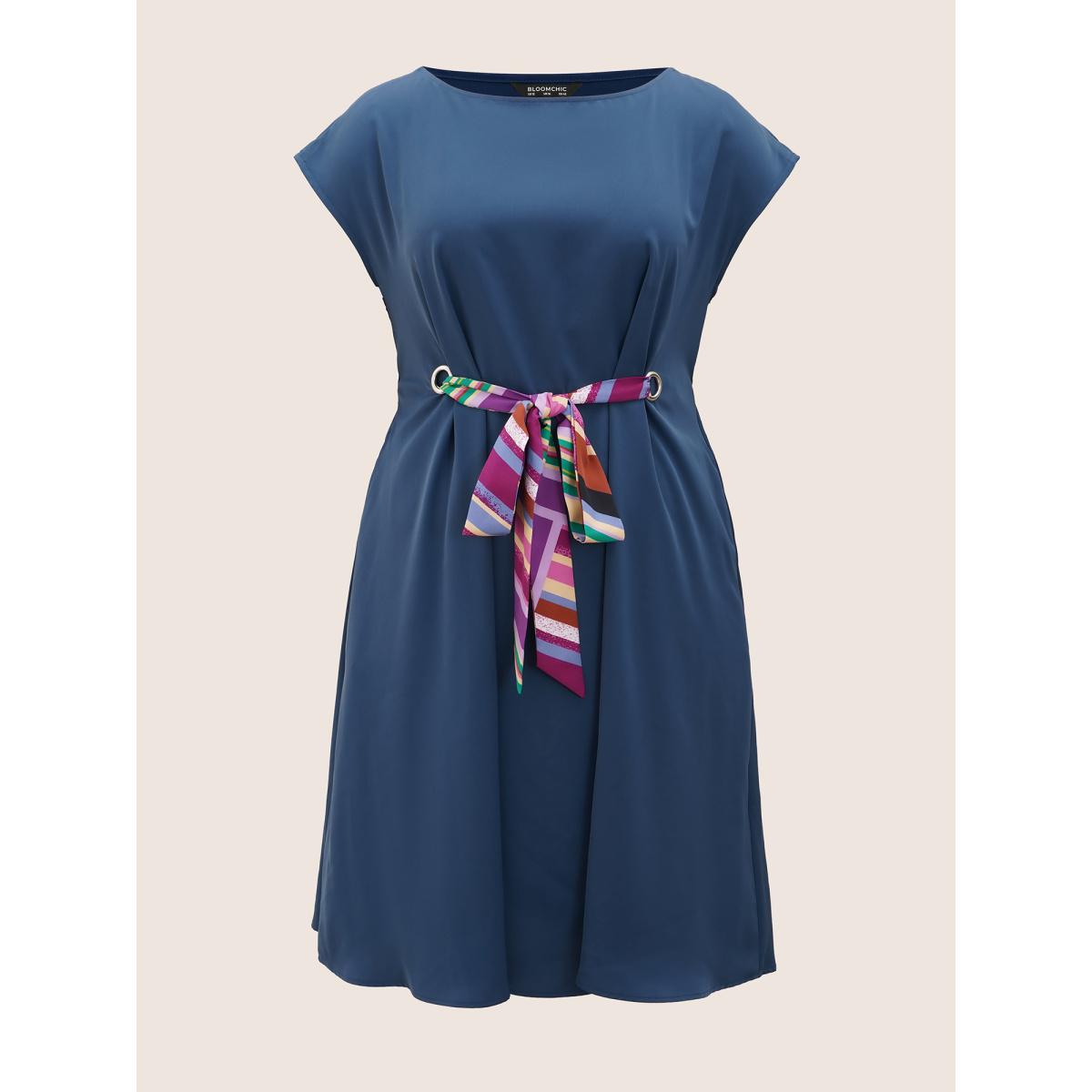 Plus Size Round Neck Striped Tie Knot Cap Sleeve Dress DarkBlue Women At the Office Tie knot Round Neck Cap Sleeve Curvy BloomChic 12/L Product Image