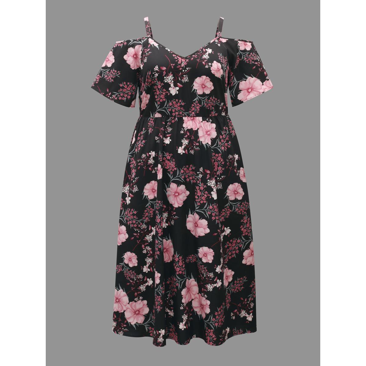 Plus Size Floral Print Cold-Shoulder Pockets Midi Dress Black Women Romantic Non Heart neckline Short sleeve Curvy BloomChic 26/4X Product Image