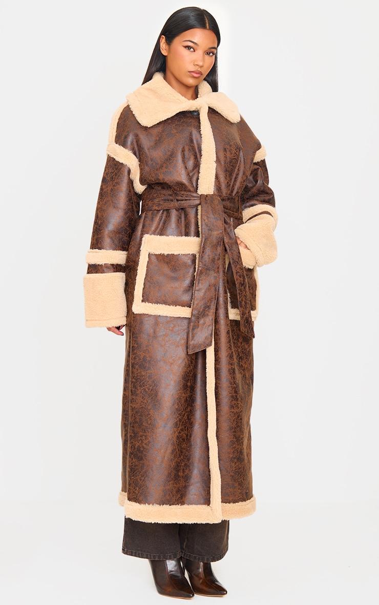 Brown Faux Leather Vintage Look Borg Coat Product Image
