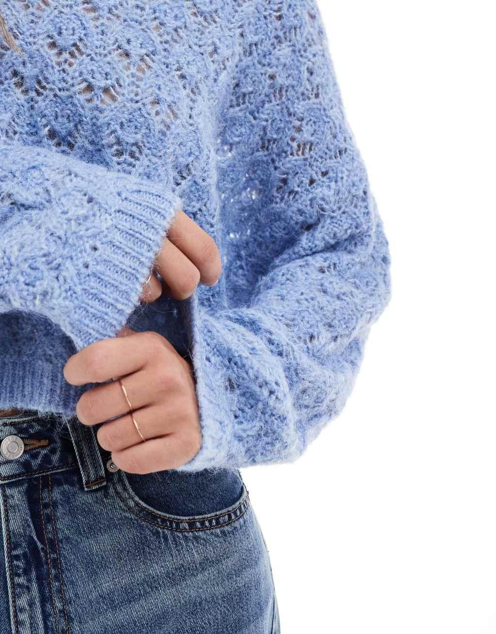 Miss Selfridge pretty pointelle stitch sweater in soft blue Product Image