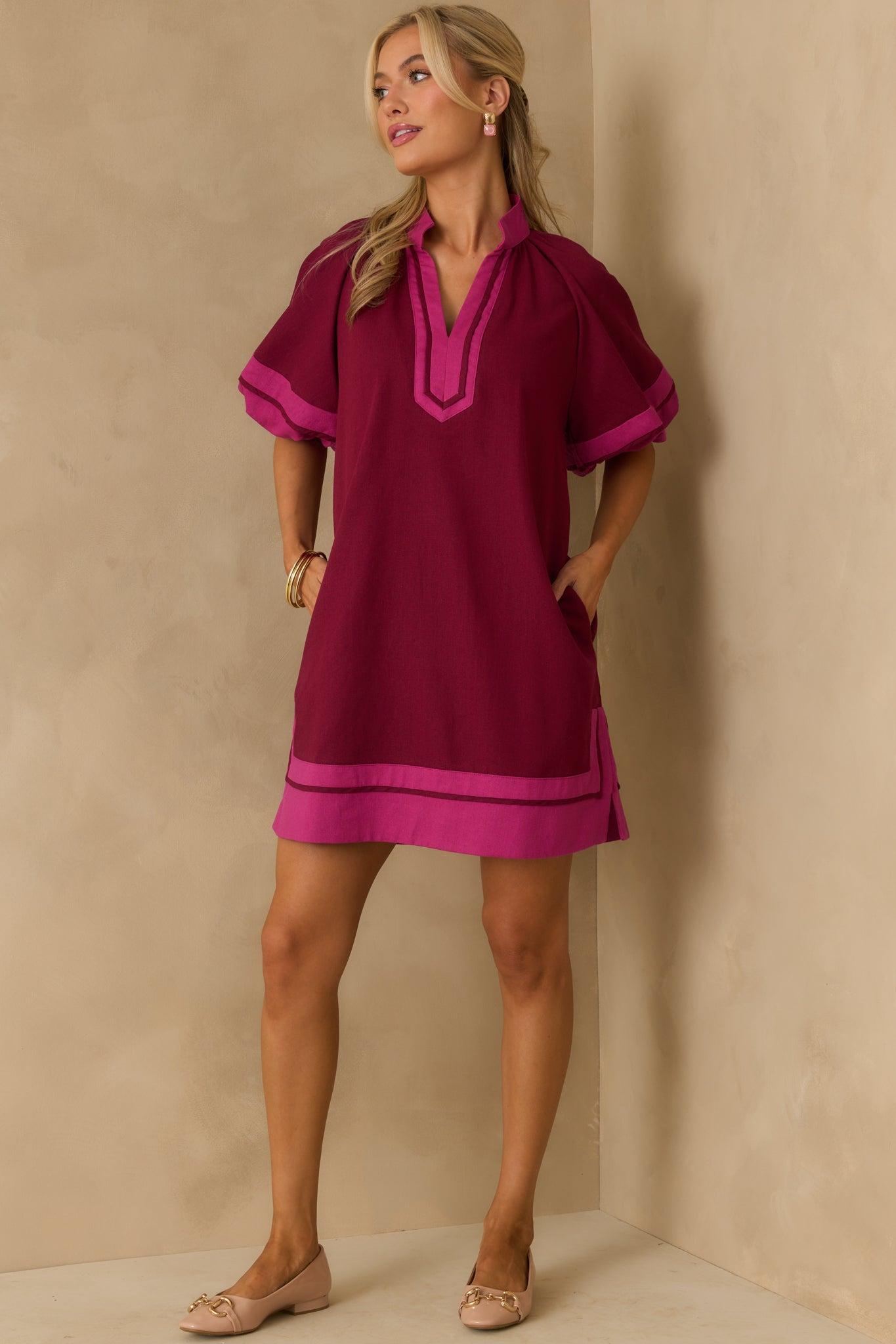 Made It Work Berry Linen Blend Short Sleeve Mini Dress L / Berry Product Image