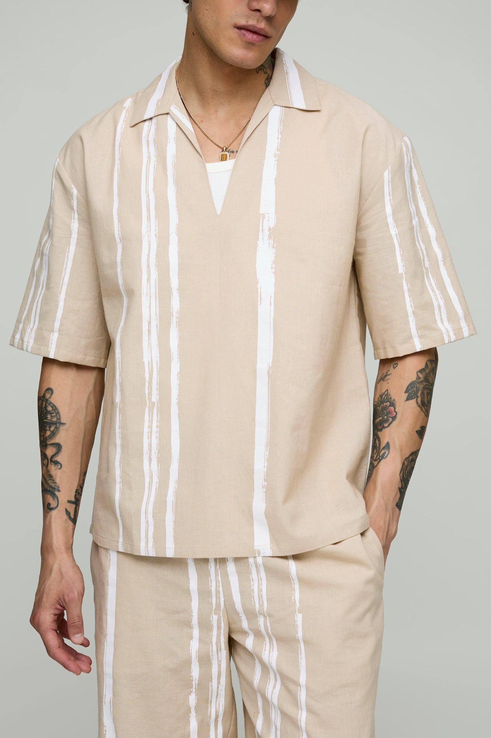 Oversized Linen Stripe Plunge Neck Shirt | boohooMAN USA Product Image
