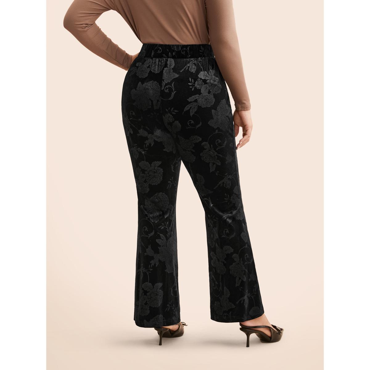 Plus Size Velvet Floral Mid Rise Bootcut Leggings Women Black Elegant Medium stretch Bootcut Mid Rise Everyday Leggings BloomChic 14-16/1X Product Image