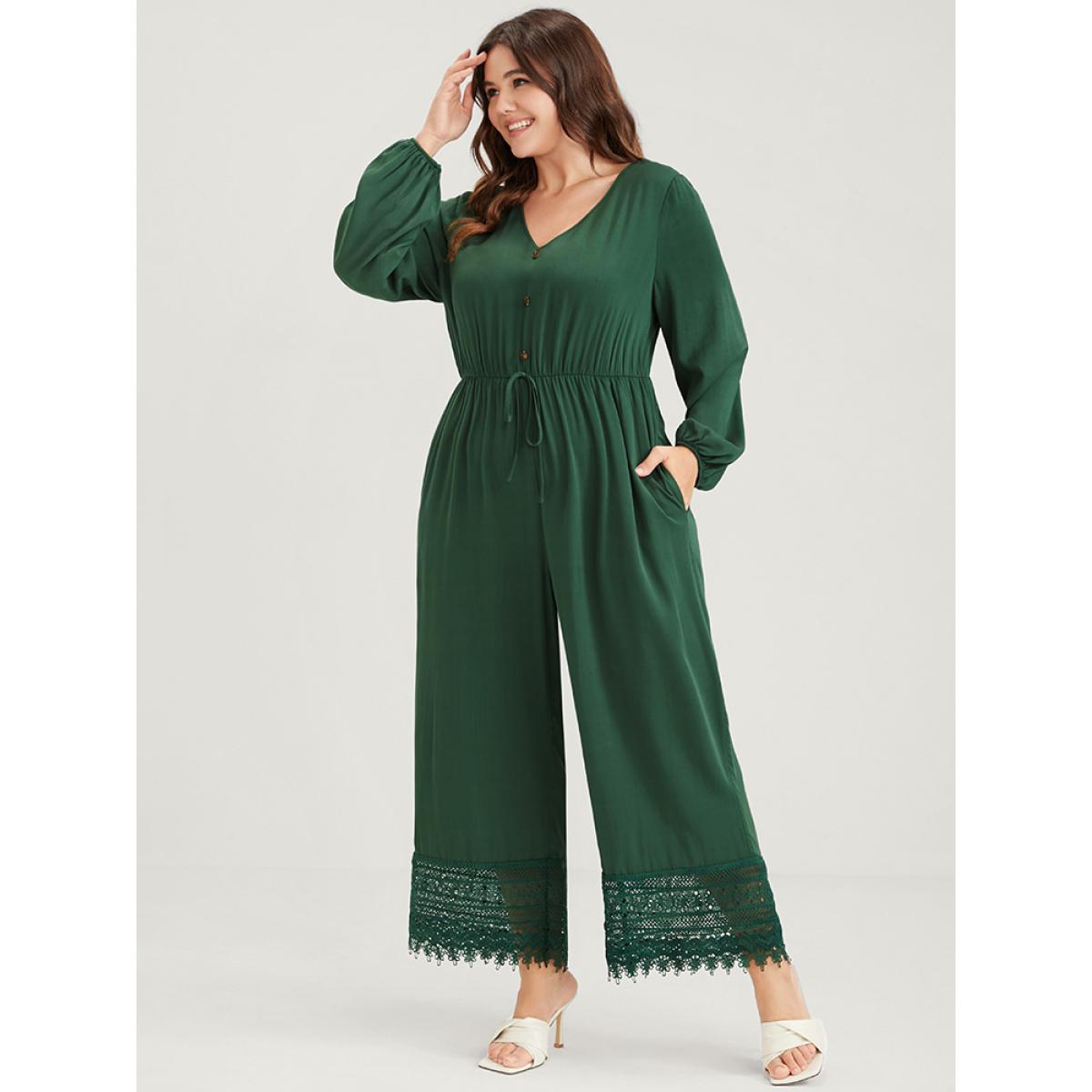 Plus Size Green Plain Pocket Button Lantern Sleeve Lace Hem Tie Jumpsuit Women Elegant Long Sleeve V-neck Dailywear Loose Jumpsuits BloomChic 18-20/2X Product Image