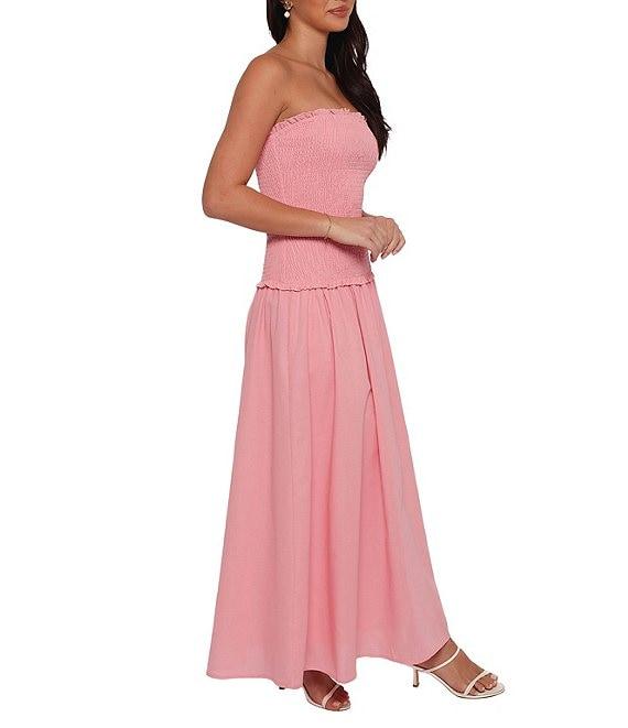 Petal & Pup Bea Linen Blend Strapless Ruffle Trim Drop Waist Maxi Dress Product Image