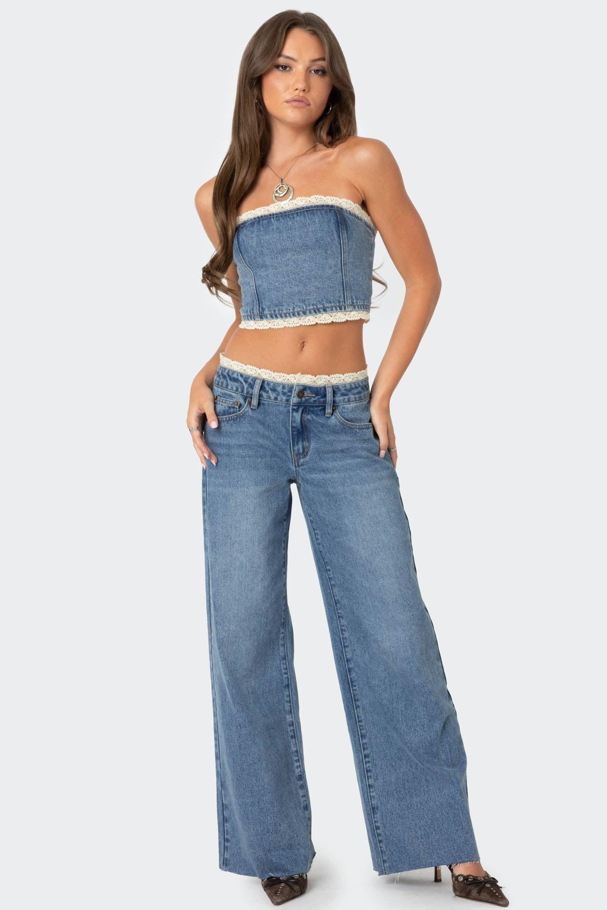Karlie Lace Trim Denim Tube Top Product Image