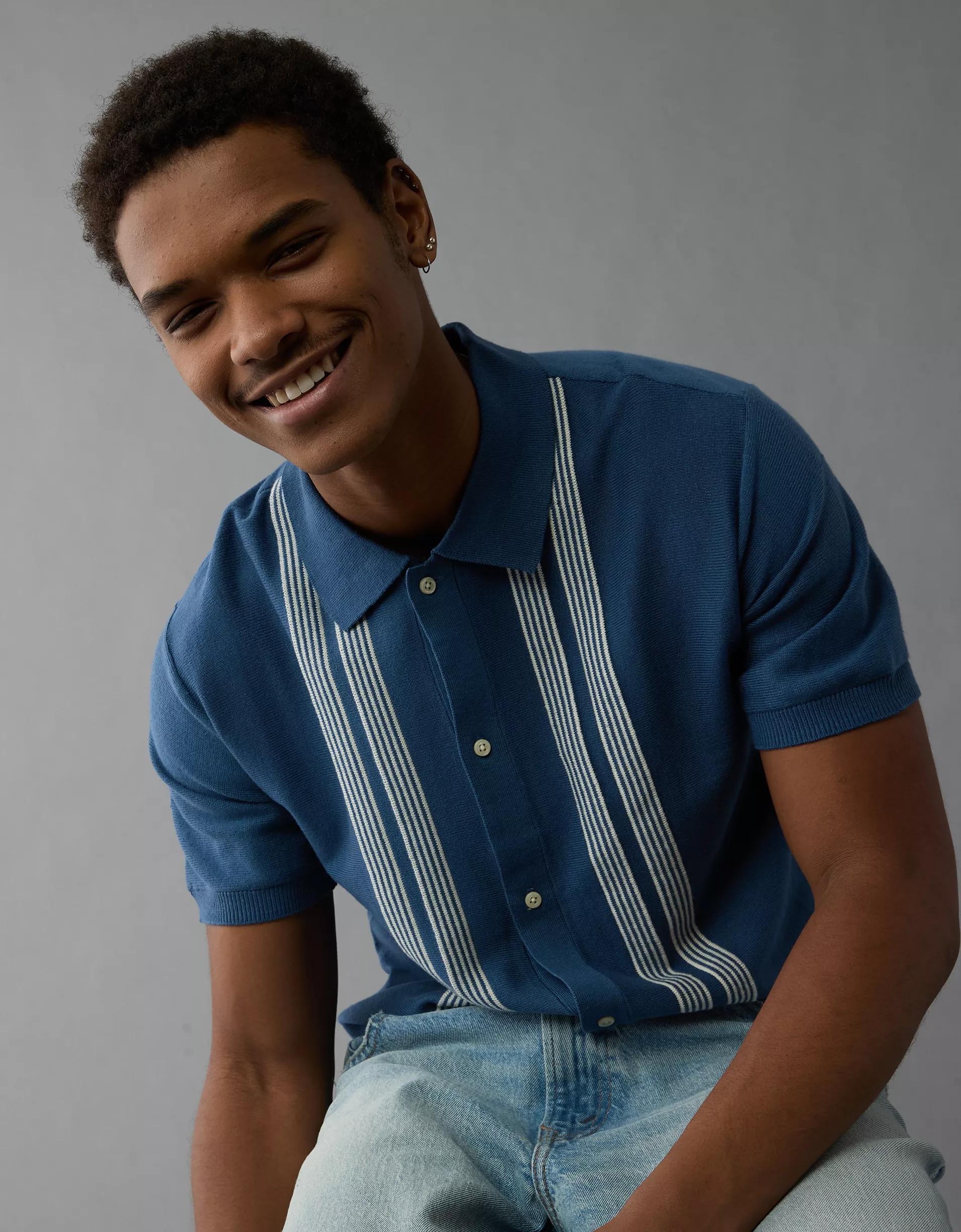 AE Weekend Button-Up Striped Sweater Polo Shirt Product Image