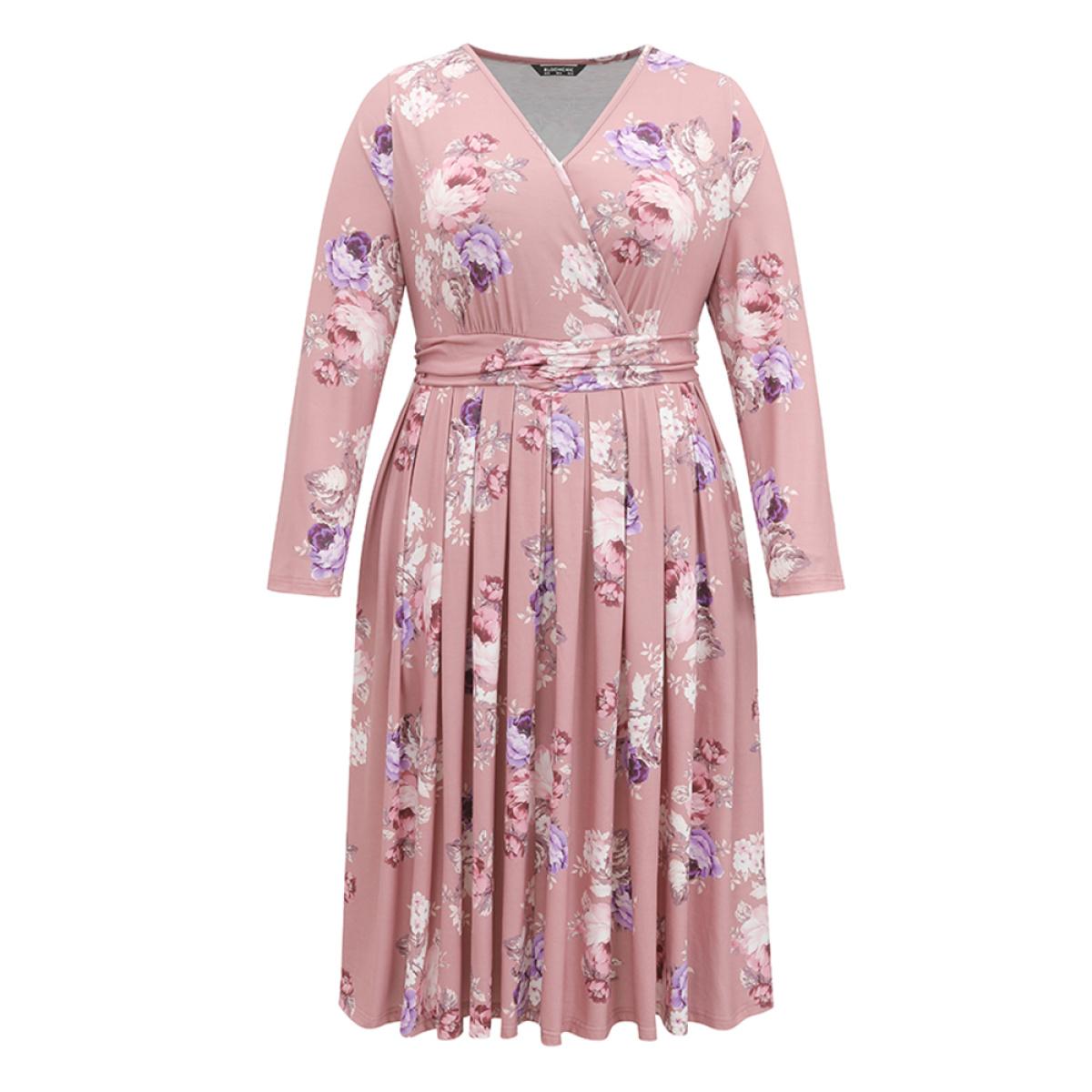 Plus Size Floral Wrap Pleated Elastic Waist Ruched Dress DustyPink Women Casual Wrap Overlap Collar Long Sleeve Curvy Midi Dress BloomChic 10/M Product Image