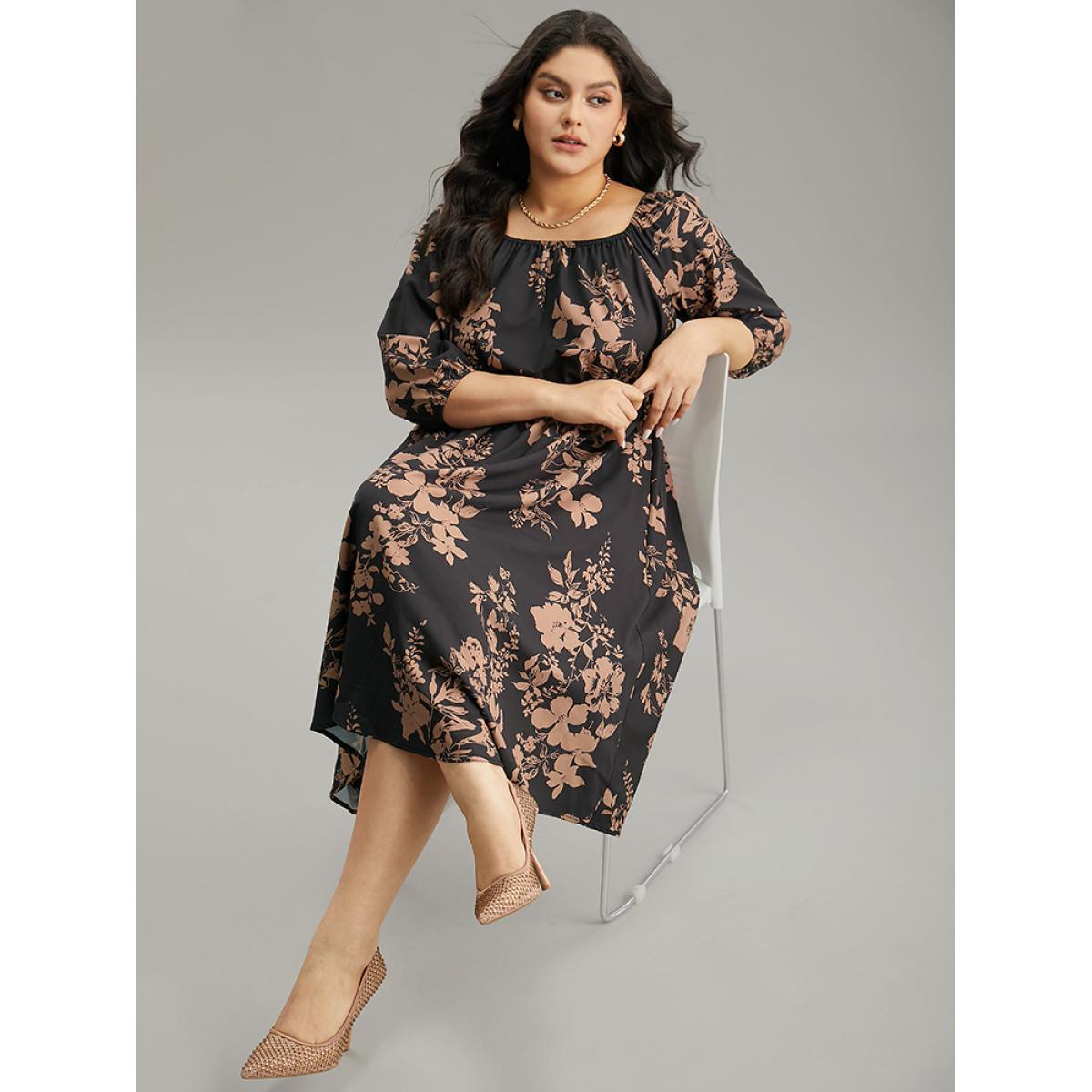 Plus Size Silhouette Floral Print Elastic Cuffs Dress Black Women Elegant Elastic cuffs Square Neck Elbow-length sleeve Curvy Midi Dress BloomChic 26/4X Product Image