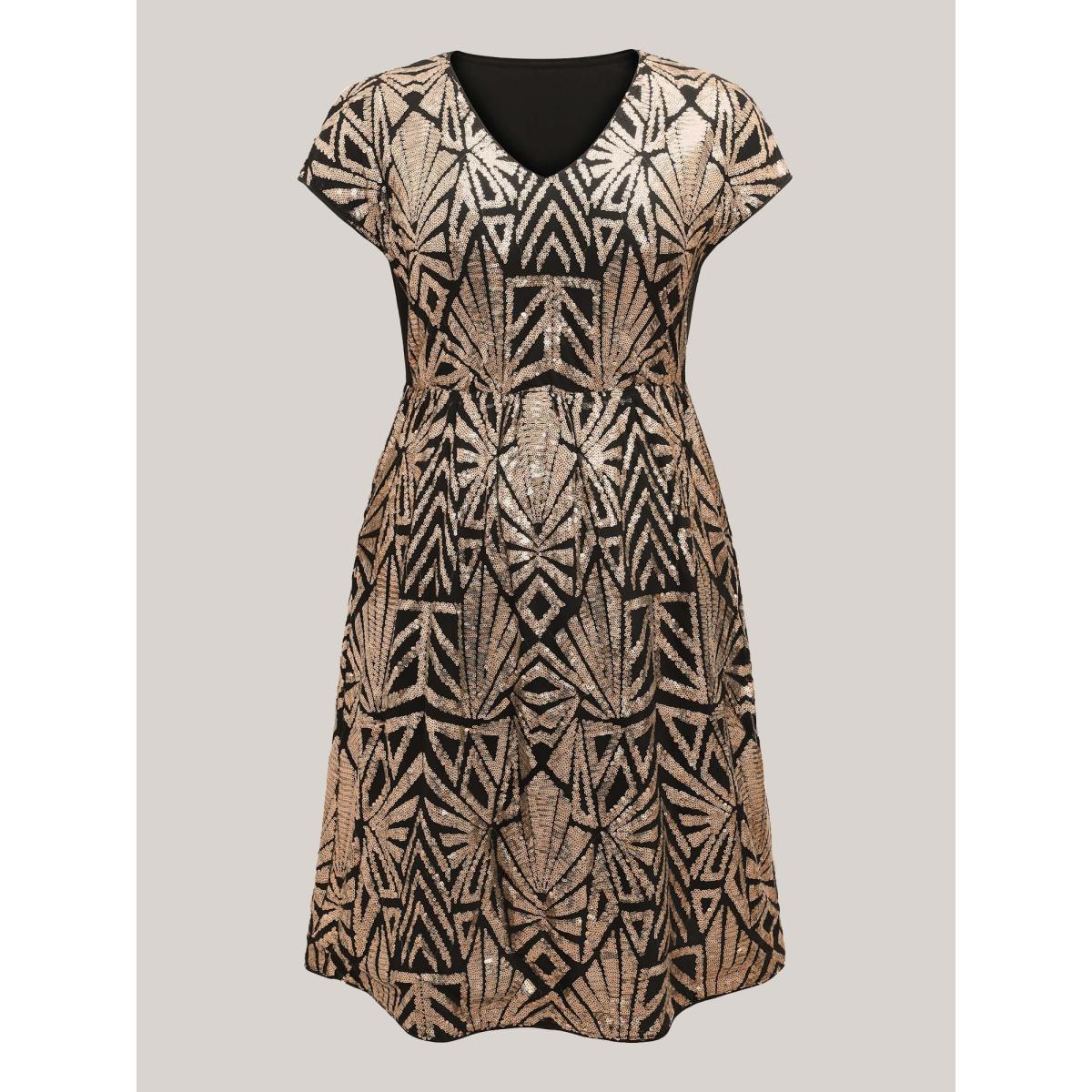 Plus Size Geometric Sequin Dolman Sleeve Midi Dress Black Women Cocktail Non V-neck Cap Sleeve Curvy BloomChic 12/L Product Image