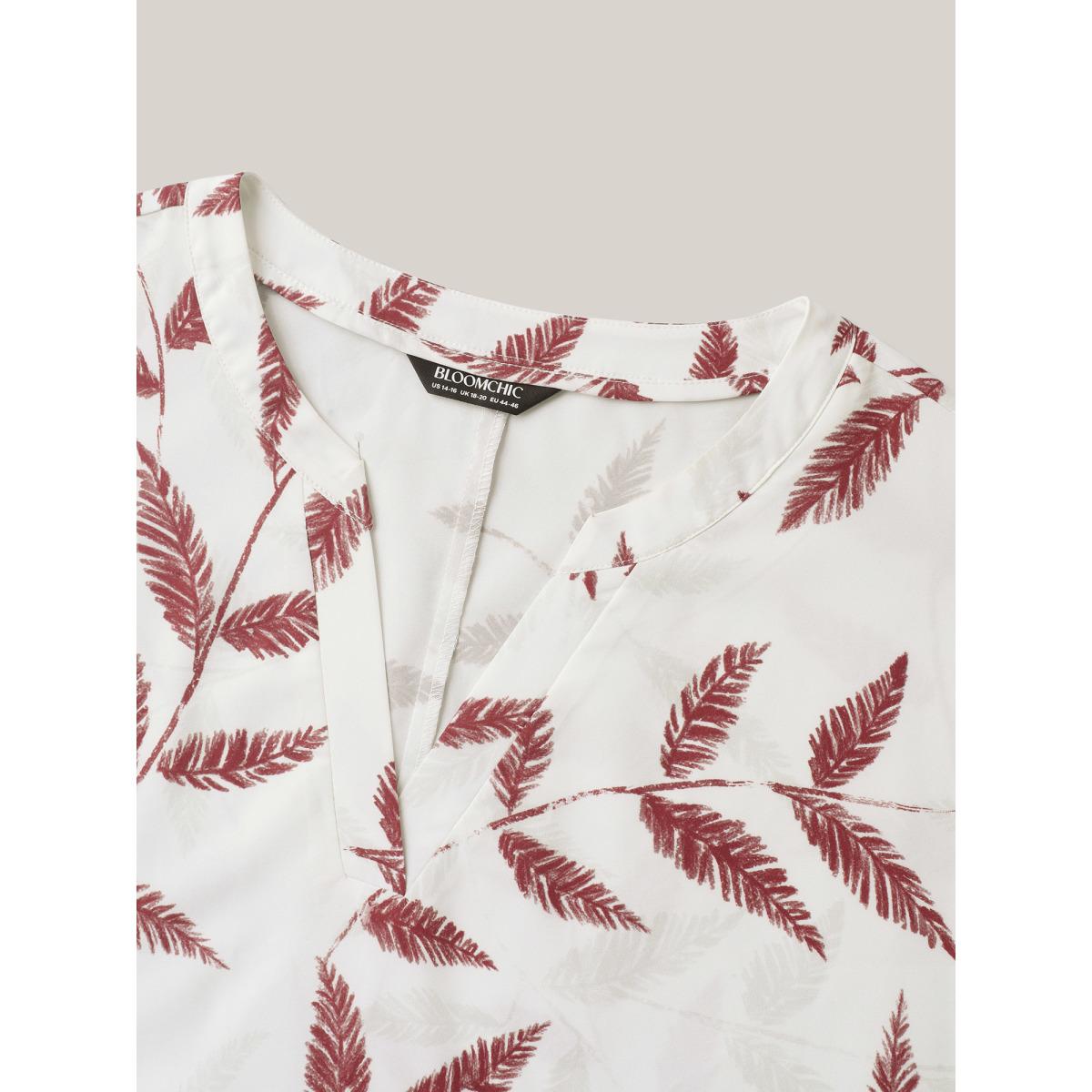 Plus Size WhiteSmoke Leaf Print Notched Collar Blouse Women Casual Short sleeve Flat collar with V-notch Everyday Blouses BloomChic 28/5X Product Image