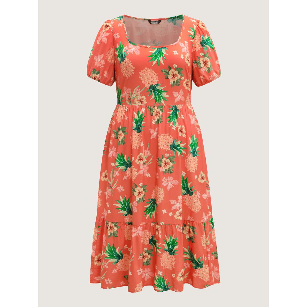 Plus Size Fruity Floral Print Square Neck Midi Dress Salmon Women Square Neck Short sleeve Curvy BloomChic 22-24/3X Product Image