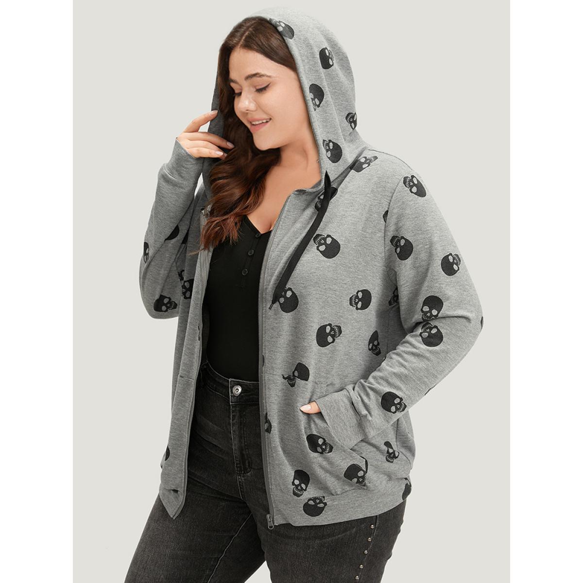 Plus Size Halloween Skull Print Pocket Zipper Hooded Sweatshirt Women Gray Casual Elastic cuffs Hooded Festival-Halloween Sweatshirts BloomChic 26/4X Product Image