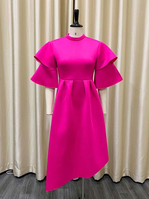 Original Loose Half Sleeves Falbala Solid Color Round-Neck Midi Dresses Product Image