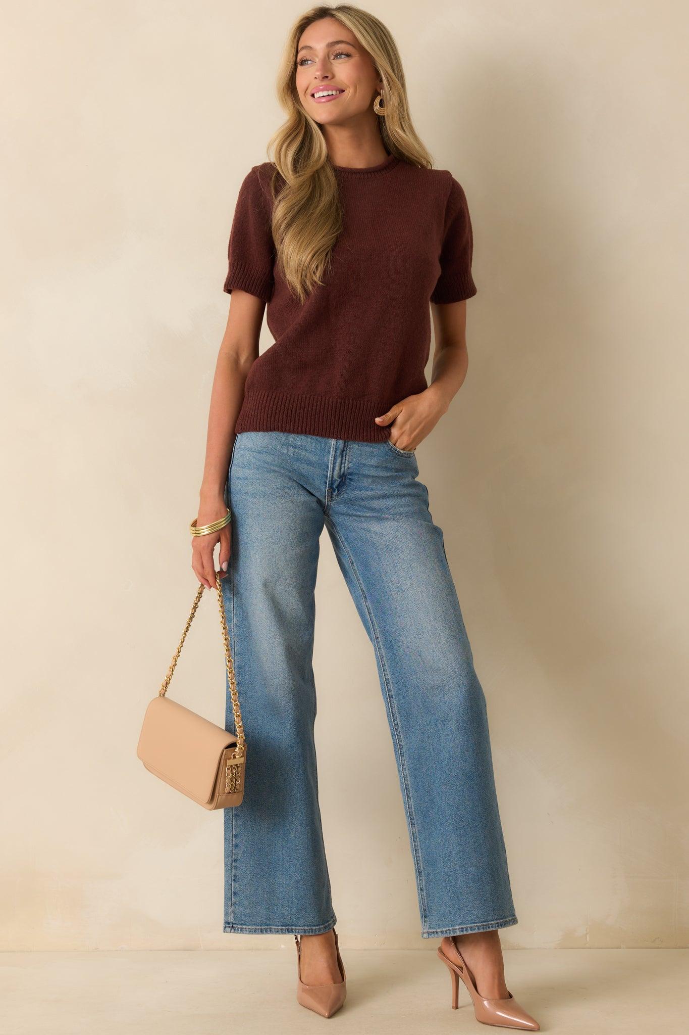 It's All About This Brown Knit Short Sleeve Sweater Product Image