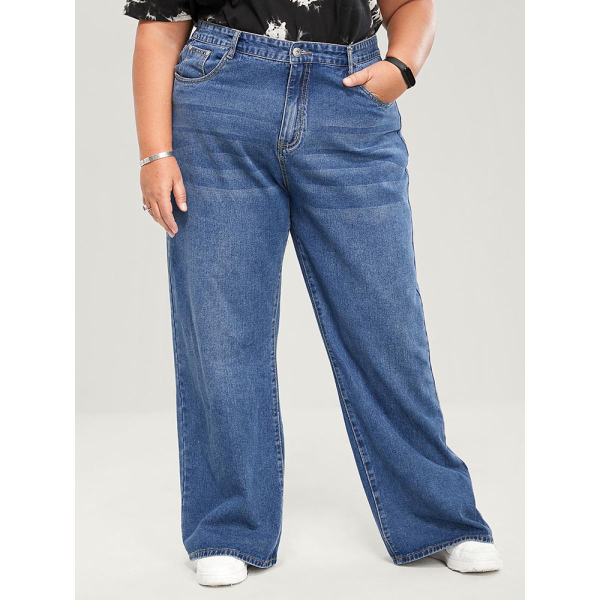 Plus Size Straight Moderately Stretchy High Rise Dark Wash Sculpt Waist Jeans Women DarkBlue Casual Plain Medium stretch Pocket Jeans BloomChic 22/3X Product Image