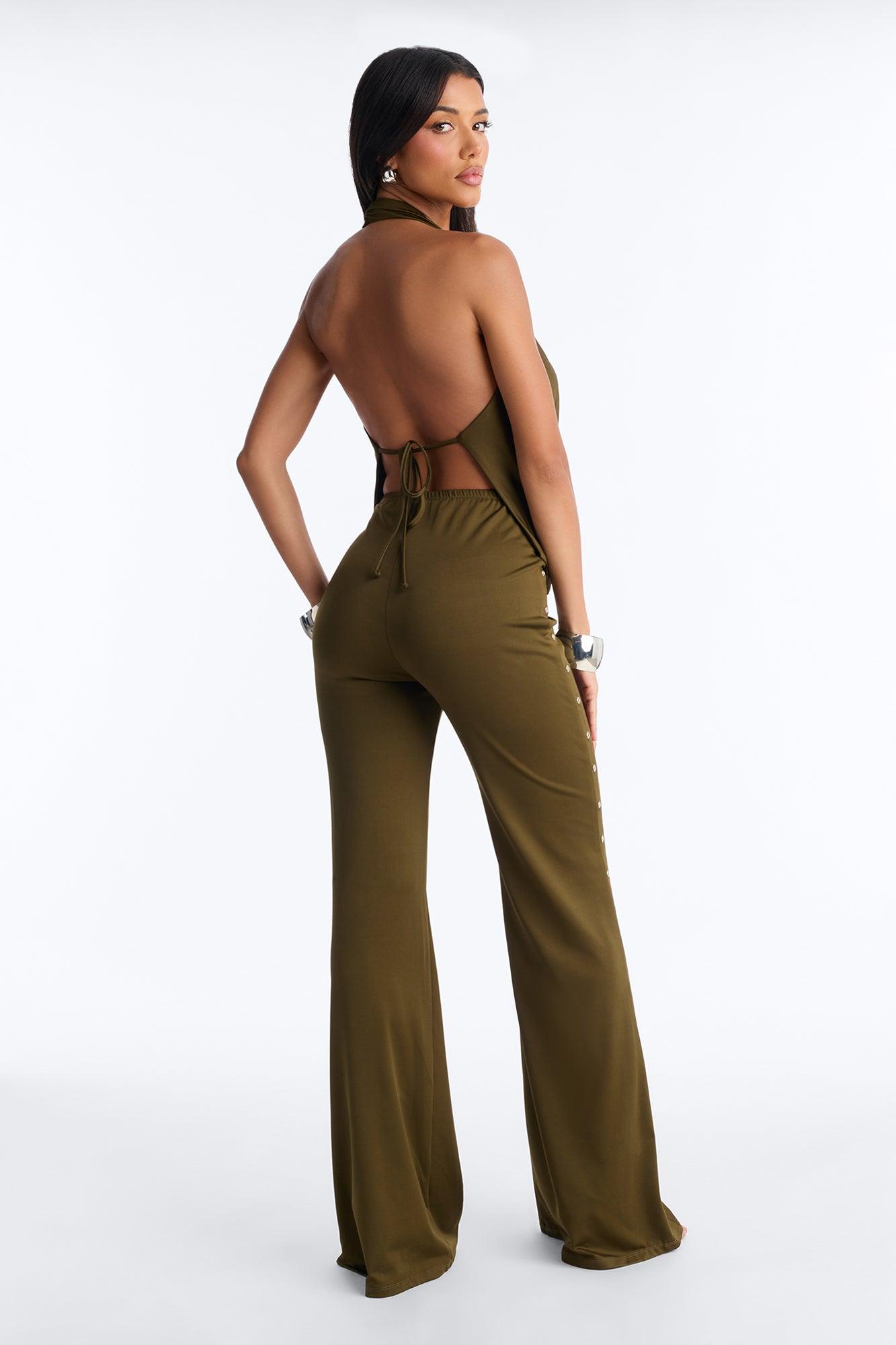Festival Night Backless Wide Leg Jumpsuit - Olive Female Product Image