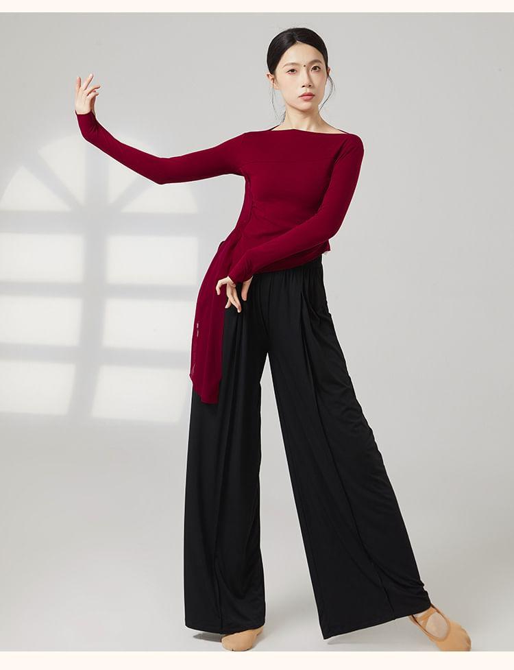 Long-Sleeve Boat Neck Plain Thumbhole Asymmetrical Dance Top / Elbow-Sleeve Dance Top Product Image
