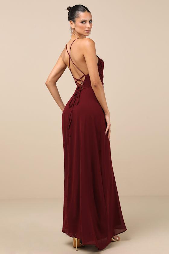 Event Ready Burgundy Backless Lace-Up Maxi Dress Product Image