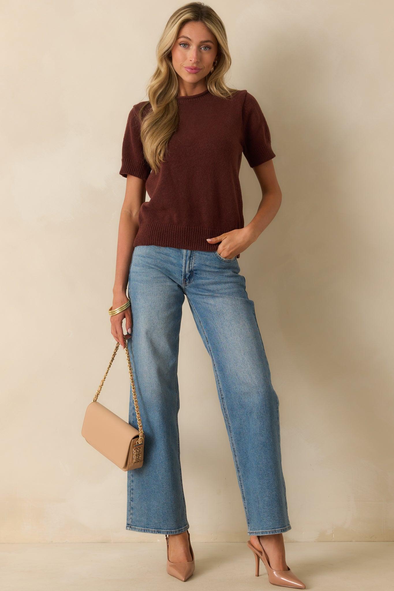It's All About This Brown Knit Short Sleeve Sweater Product Image