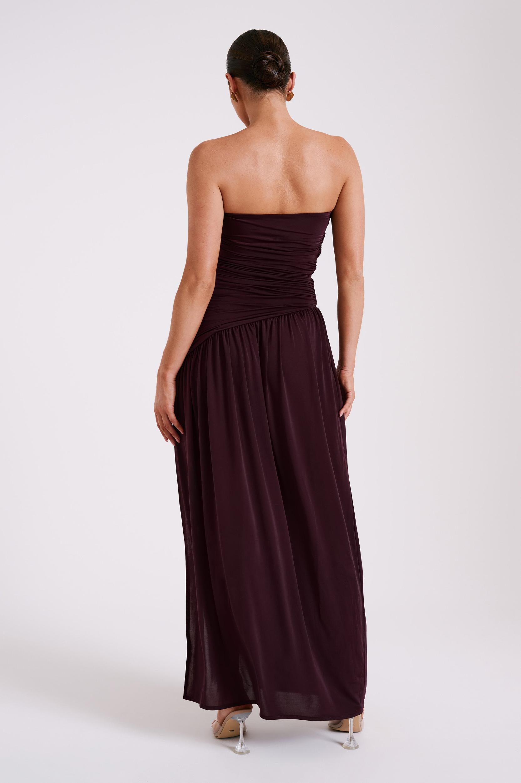Bex Strapless Slinky Maxi Dress With Split - Burgundy Product Image