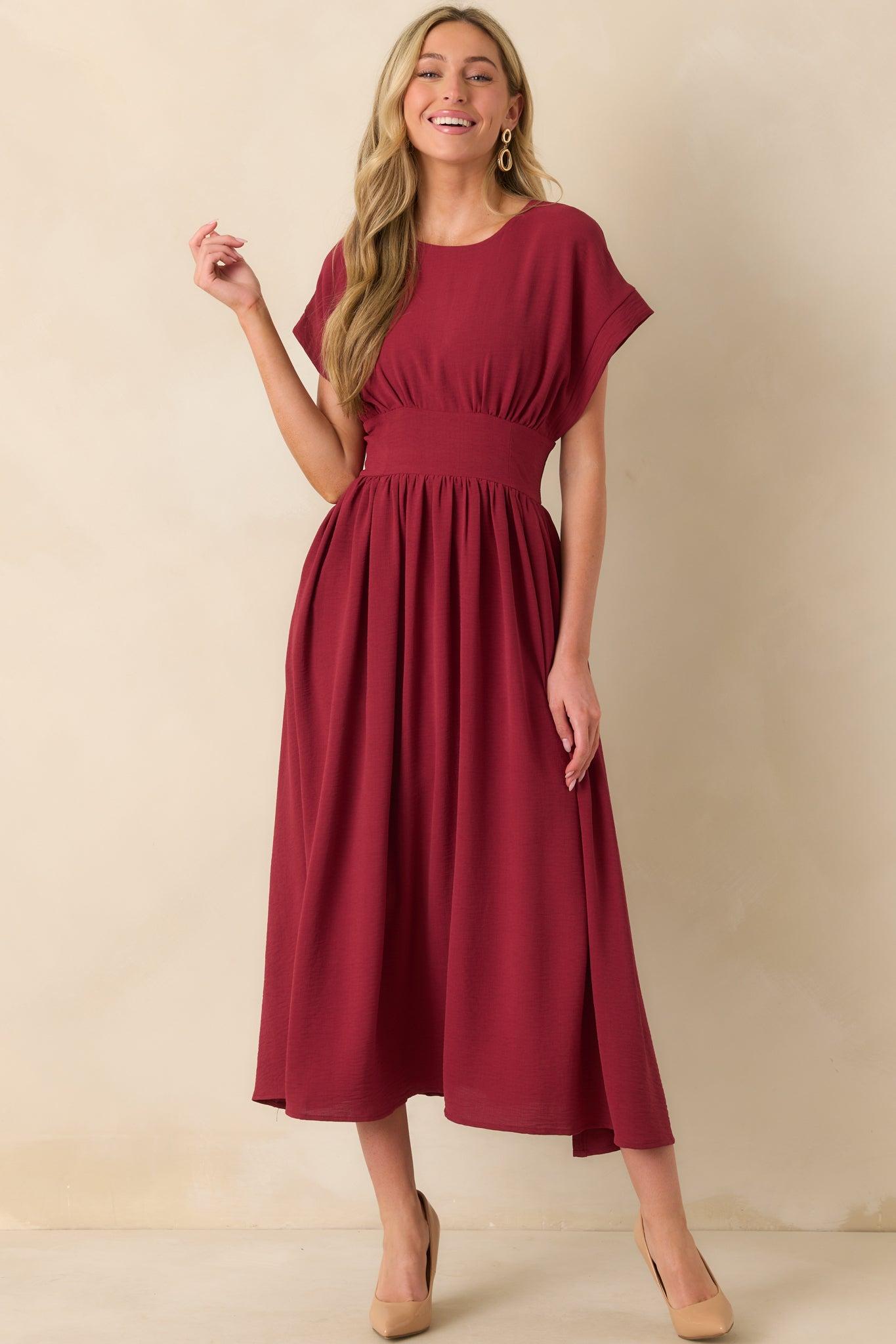 Faded Photographs Burgundy Chiffon Cap Sleeve Maxi Dress Product Image