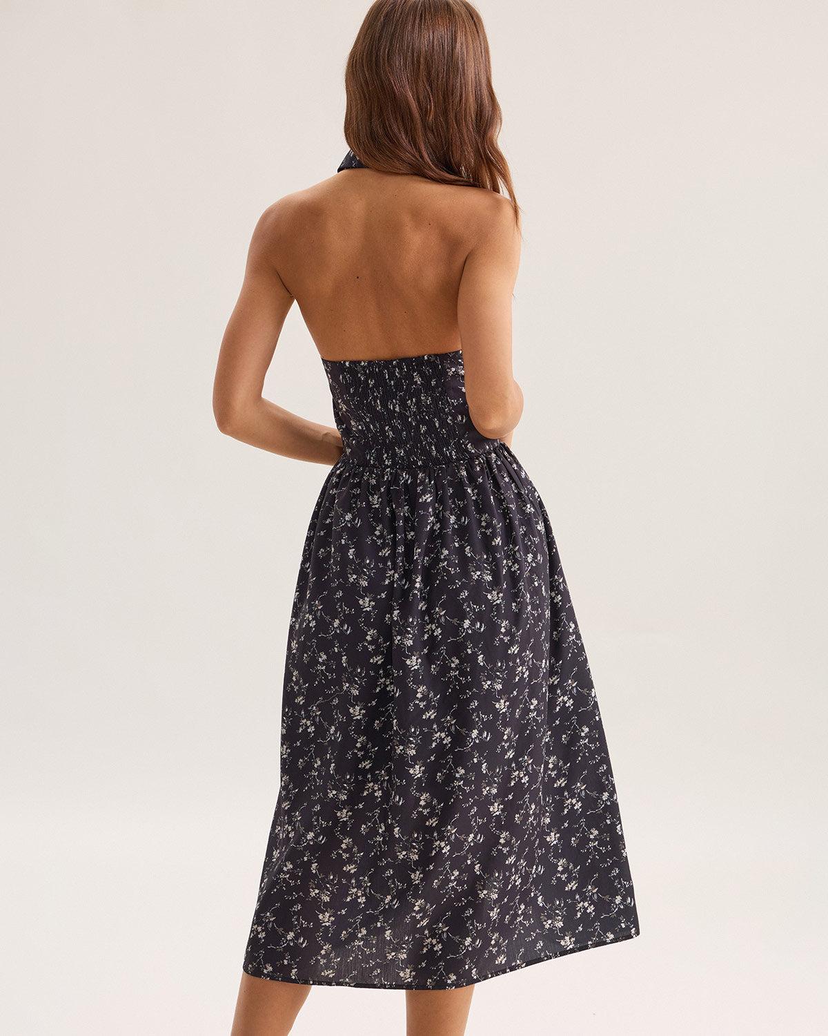 Black Floral Shirred Backless Midi Dress Product Image