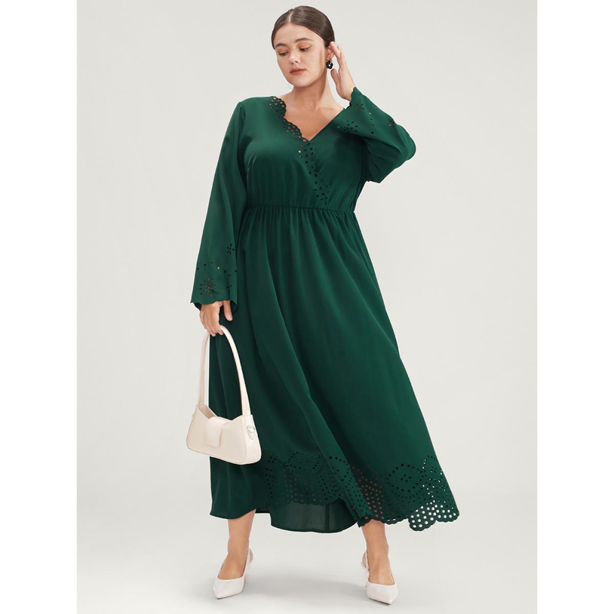 Plus Size Solid Bell Sleeve Wrap Laser Cut Flutter Hem Maxi Dress Green Women Elegant Cut-Out V-neck Long Sleeve Curvy Long Dress BloomChic 10/M Product Image