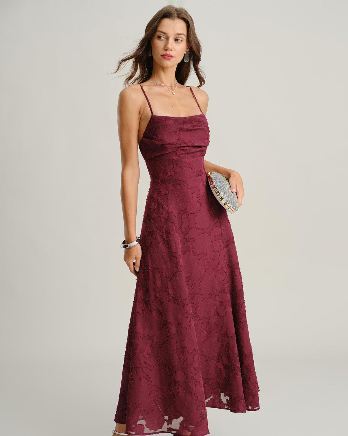 Wine Red Jacquard Slip Maxi Dress Product Image