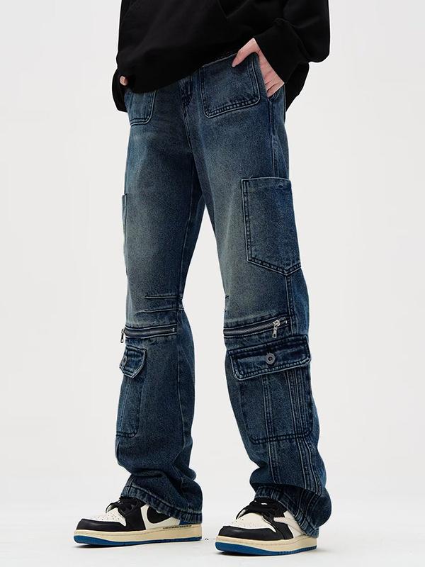 Men's Multi Pocket Splice Zip Up Loose Jeans Product Image
