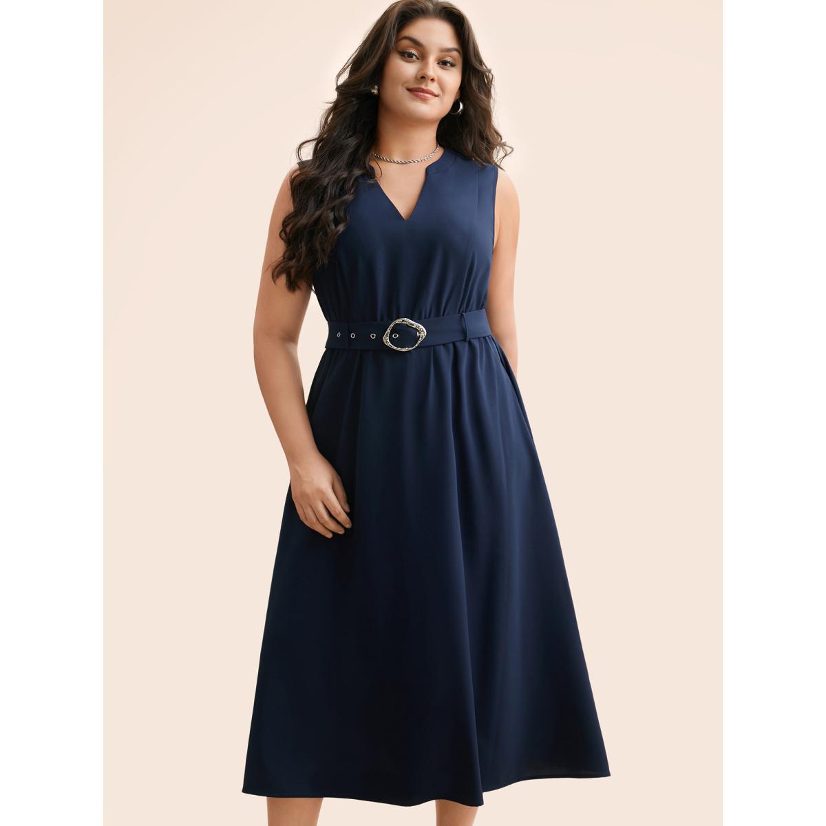 Plus Size Notched Collar Belted Tank Dress Indigo Women Workwear Essentials Belted Notched collar Sleeveless Curvy BloomChic 10/M Product Image