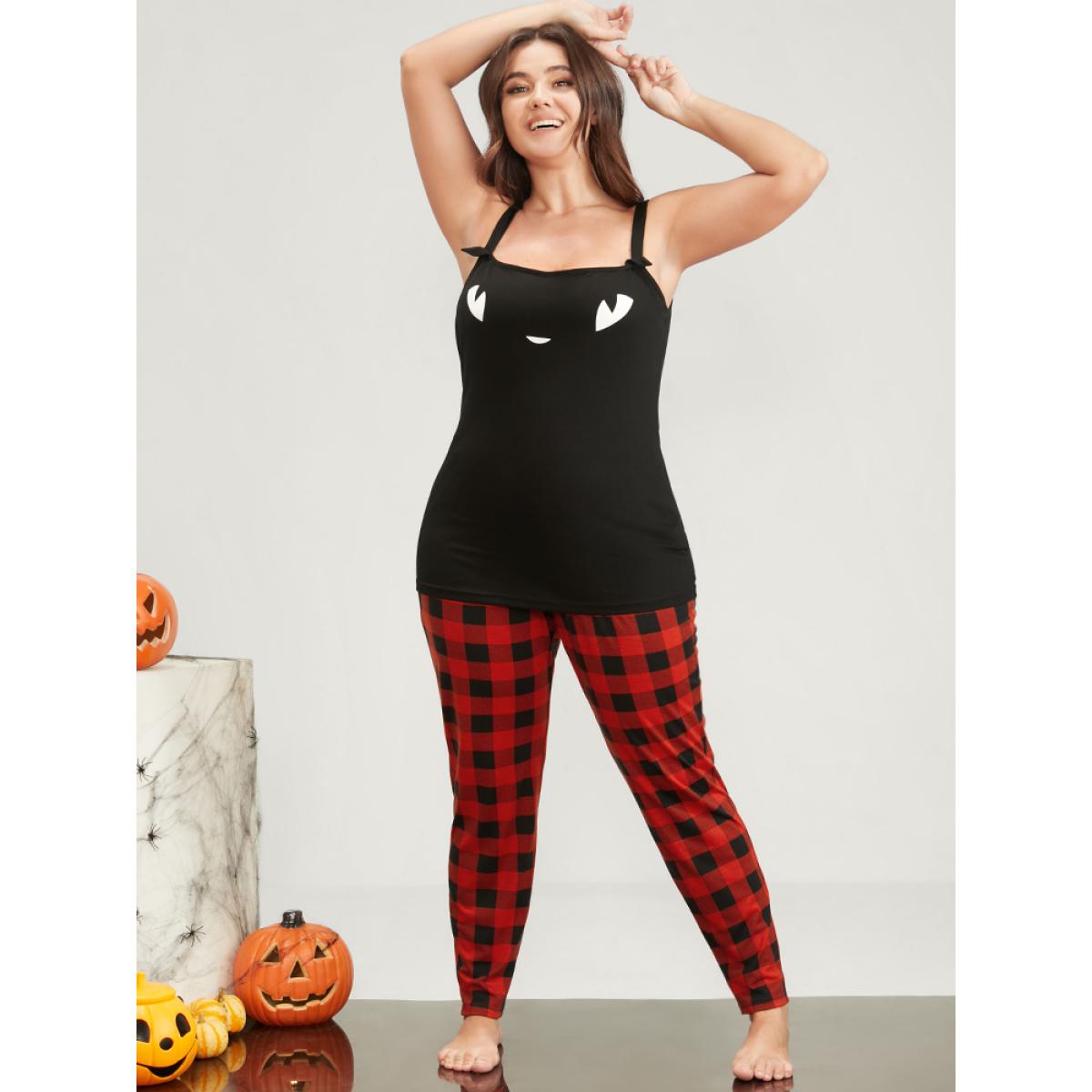 Plus Size Halloween Print Tartan Lounge Set Women Black Graphic-Halloween Printed Sleeveless Spaghetti Strap Casual Loungewear Sets BloomChic 30/6X Product Image