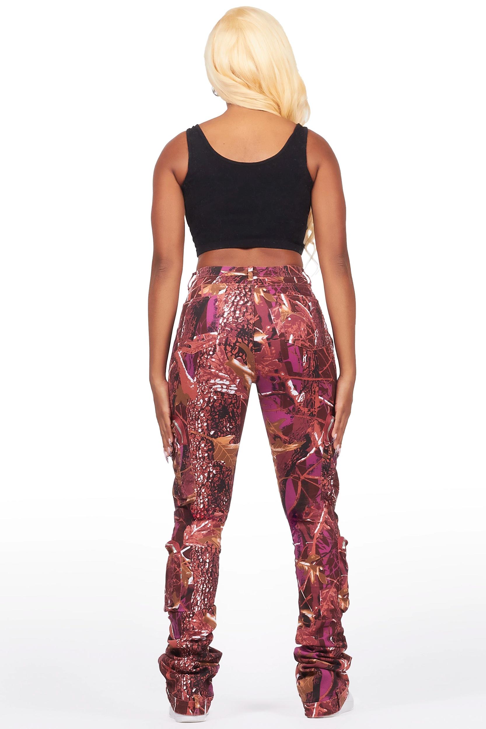Alisson Burgundy Tree Camo Cargo Super Stacked Jean Female Product Image